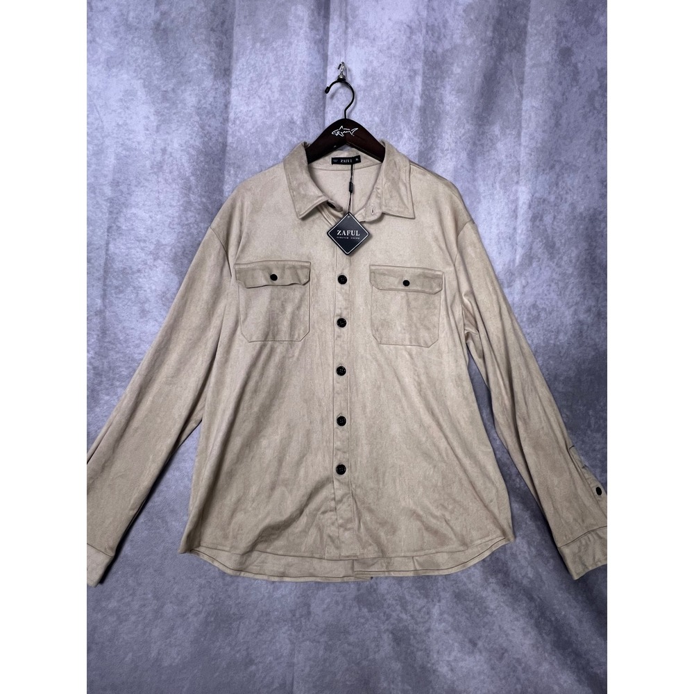 Zaful Faux Suede Button Down Shirt Mens XL Tan New Long Sleeve Pockets Utility